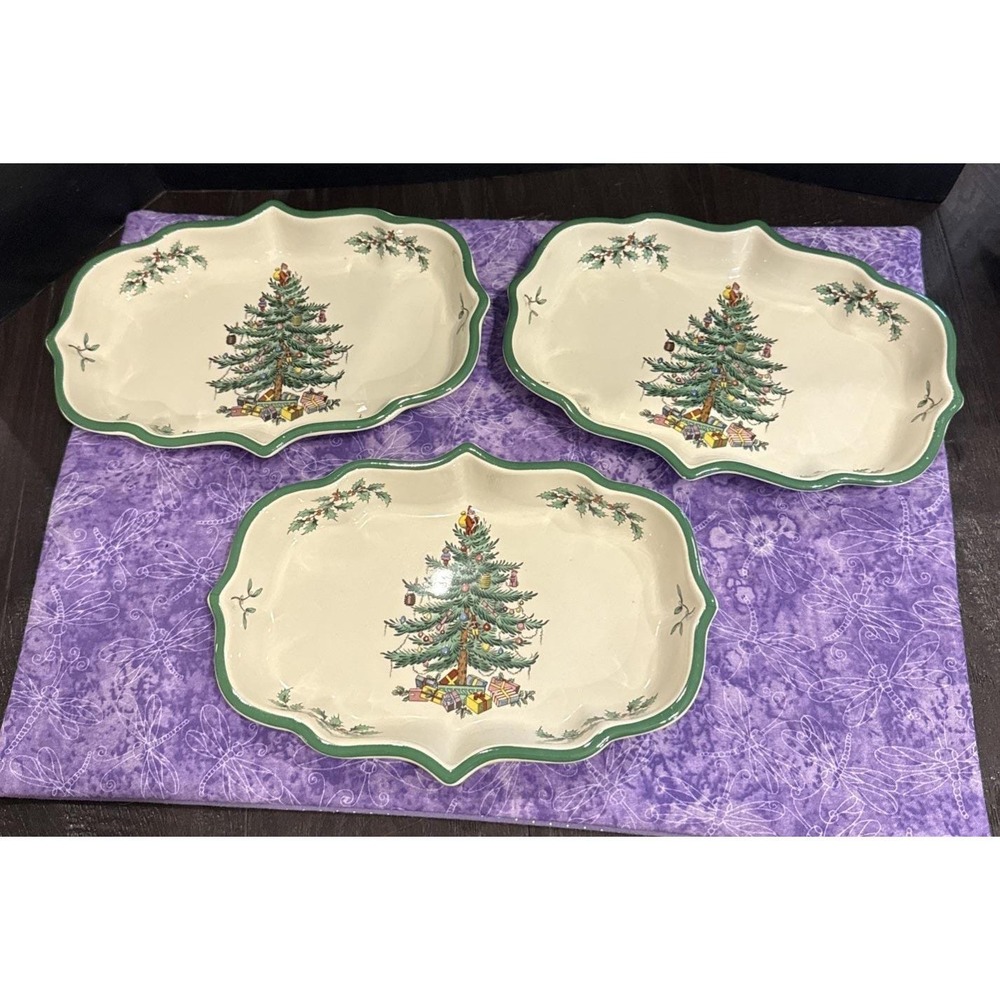 Spode Christmas Tree Holiday Dish Tray Scalloped Rim England Set Of 3 Vintage